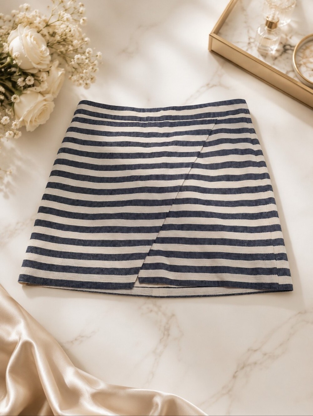 NWOT J. Crew Size 4 Navy and White Striped Wrap-Front Mini Skirt